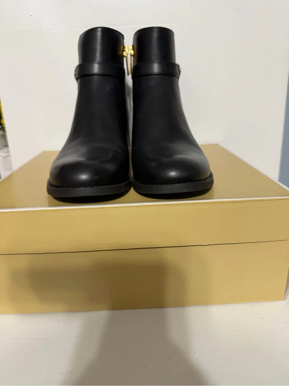 Michael Kors Black Leather Ankle Boots with Brown MK Panel
